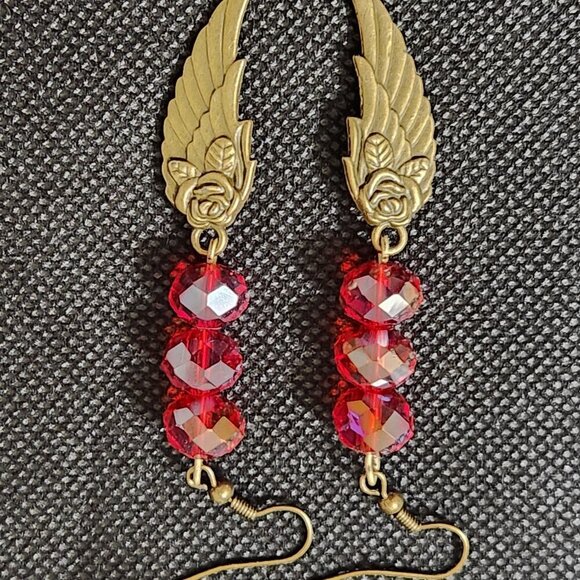 Hand Crafted Earrings Angel Wings Red Crystal Beads Bronze Wings Dangle - Picture 3 of 6